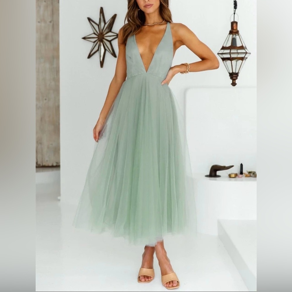 Kiss The Girl Midi Dress Deep V Neck Sleeveless Spaghetti Strap Tulle